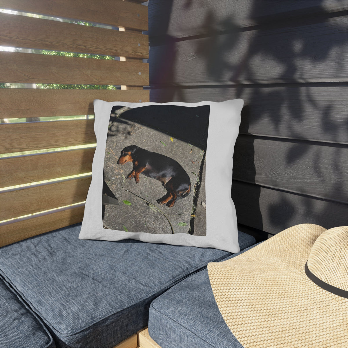 Dachshund Sunbathing Outdoor Pillow – Cute Dog Photo Patio Cushion