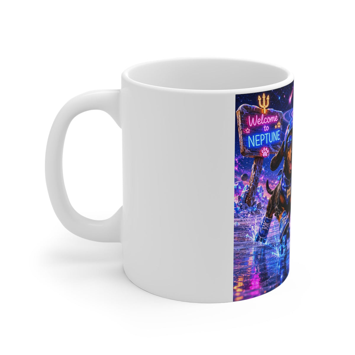 Neon Space Dachshund Mug – Roller Rink Dogs "Welcome to Neptune" 11oz