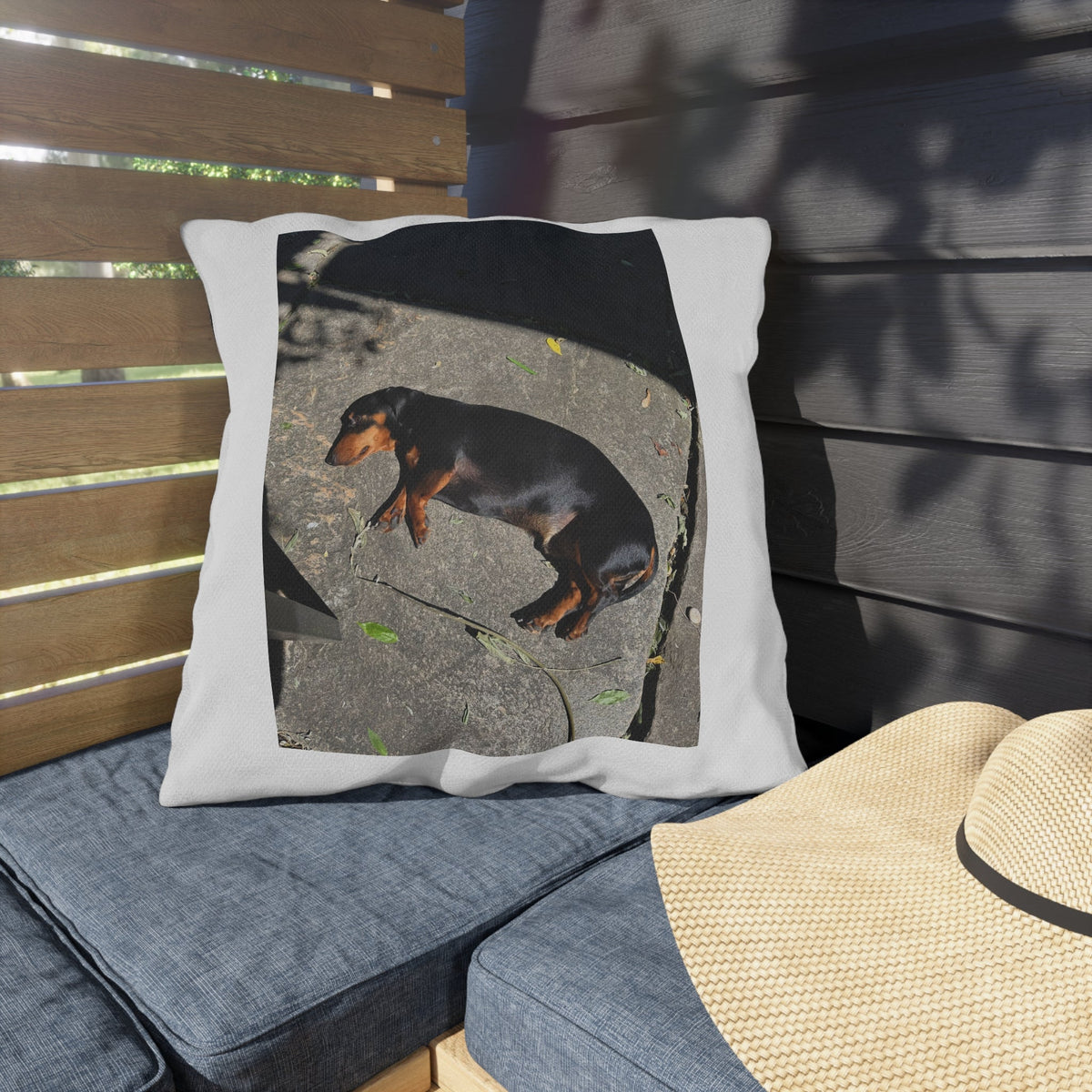 Dachshund Sunbathing Outdoor Pillow – Cute Dog Photo Patio Cushion