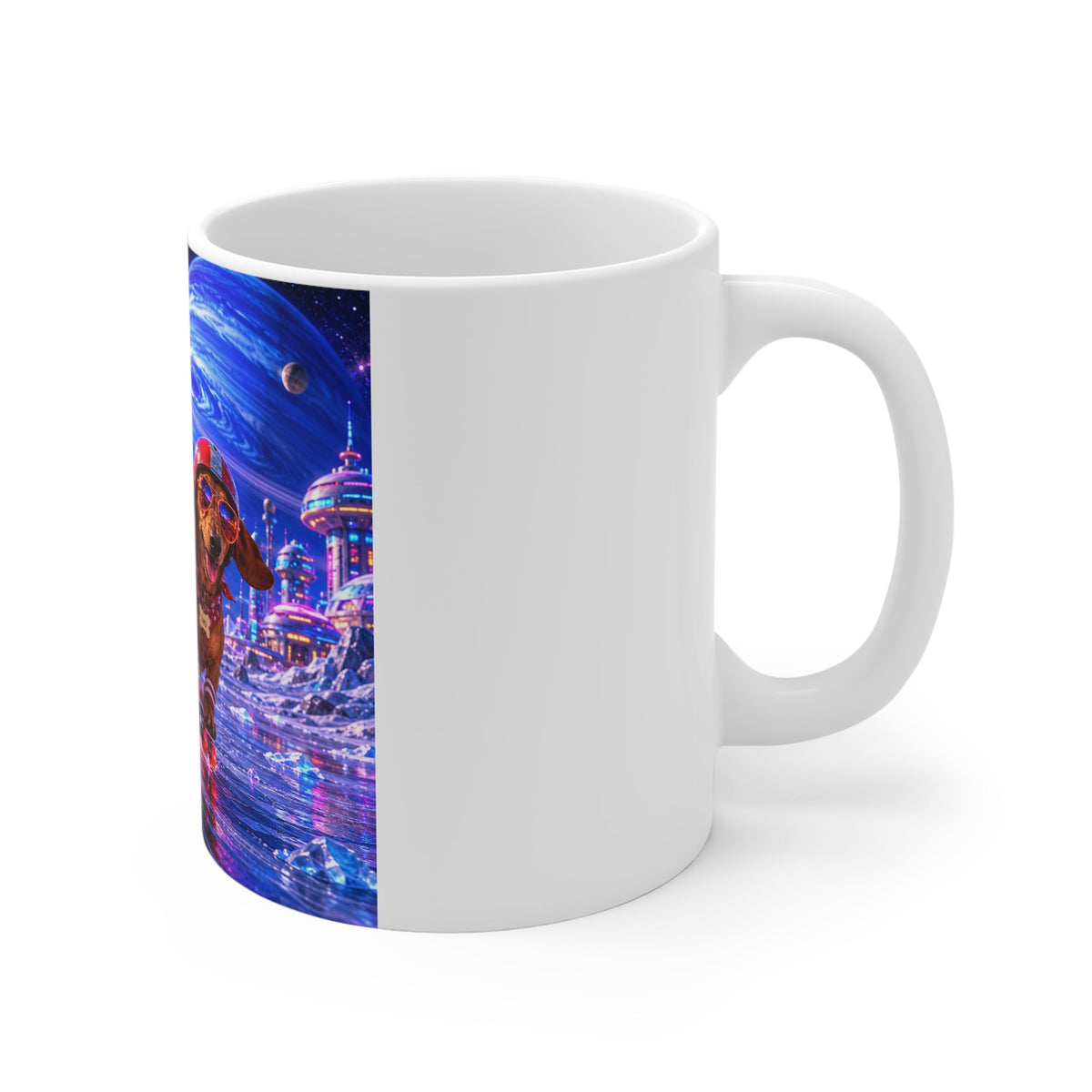 Neon Space Dachshund Mug – Roller Rink Dogs "Welcome to Neptune" 11oz