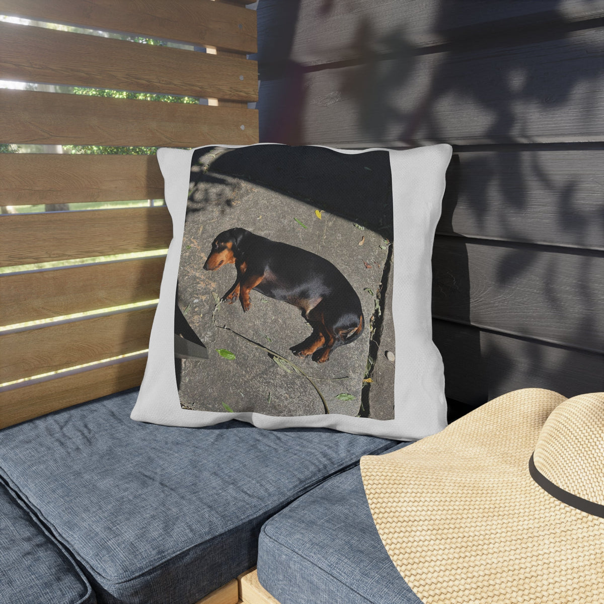 Dachshund Sunbathing Outdoor Pillow – Cute Dog Photo Patio Cushion